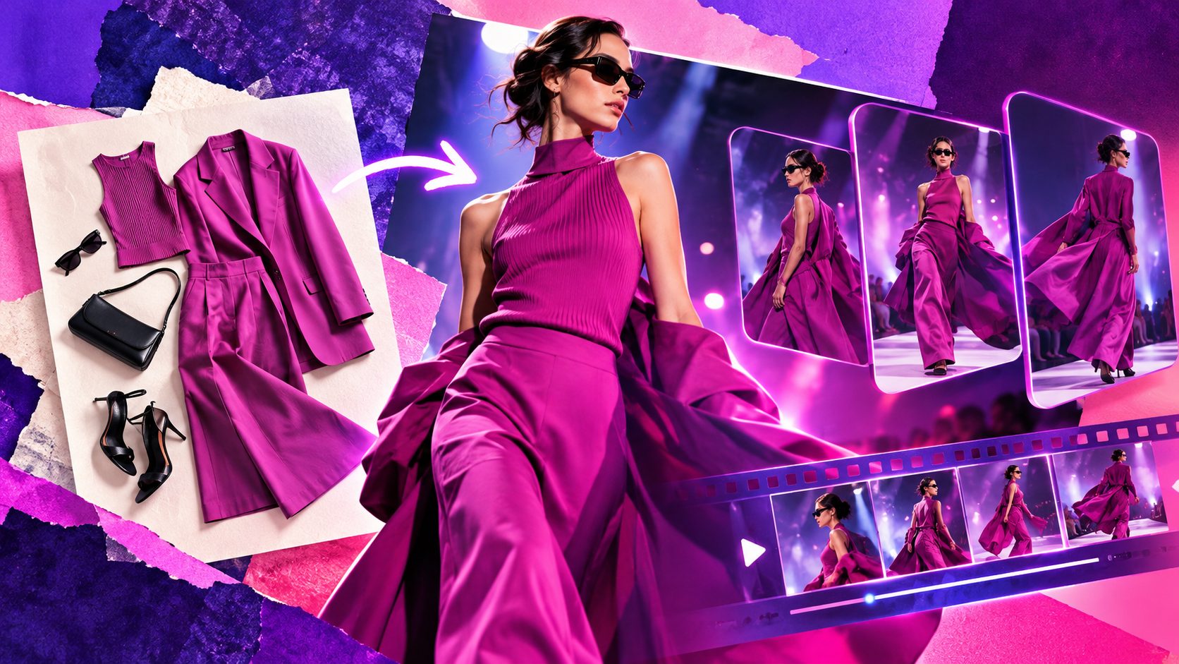 fashion flat lay zu runway video ai e-commerce: Modeanzeigen aus Produktfotos