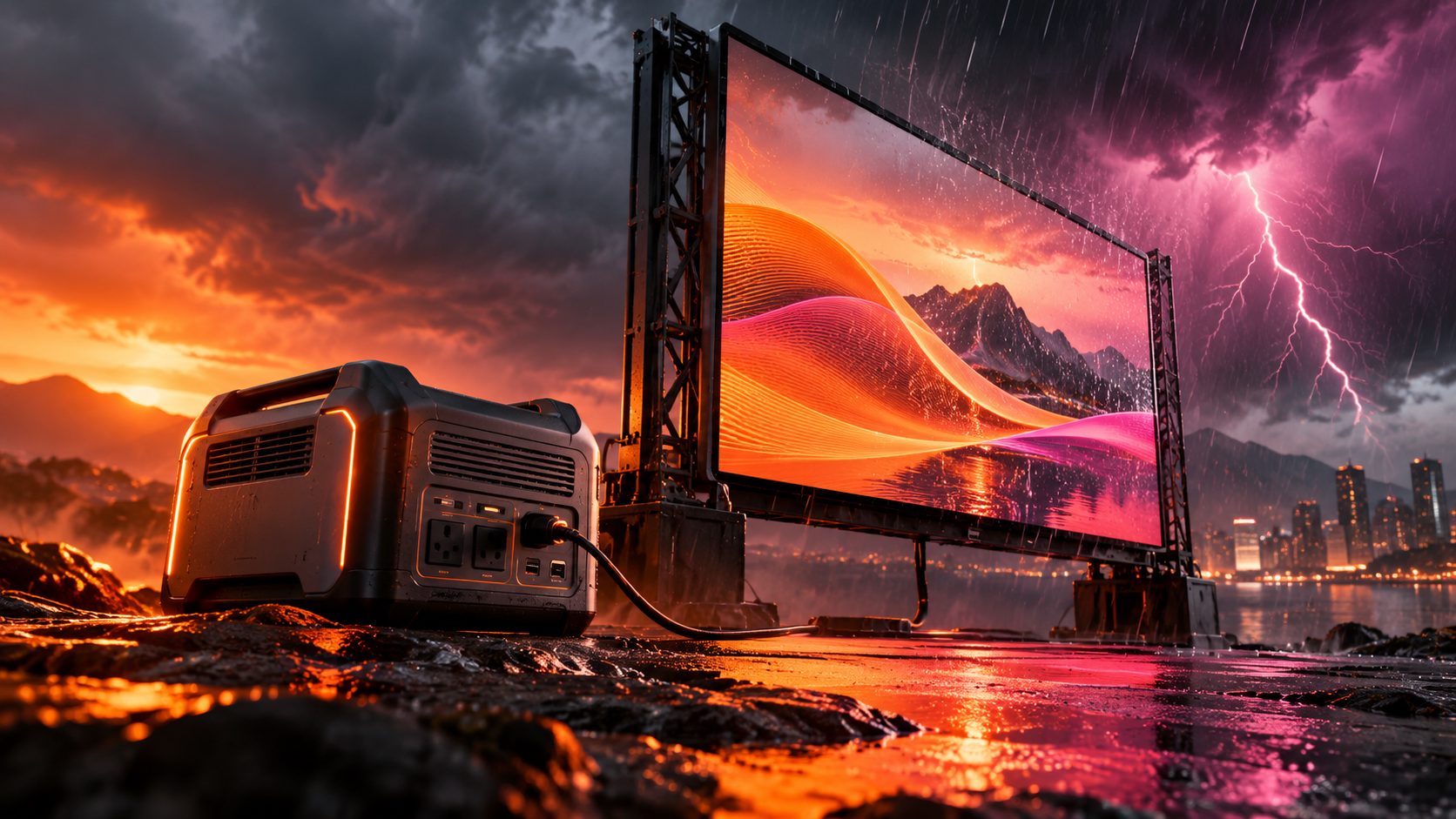 Powerstation Videoanzeigen Unwetter Test KI: Konzept für harte Outdoor-Ads