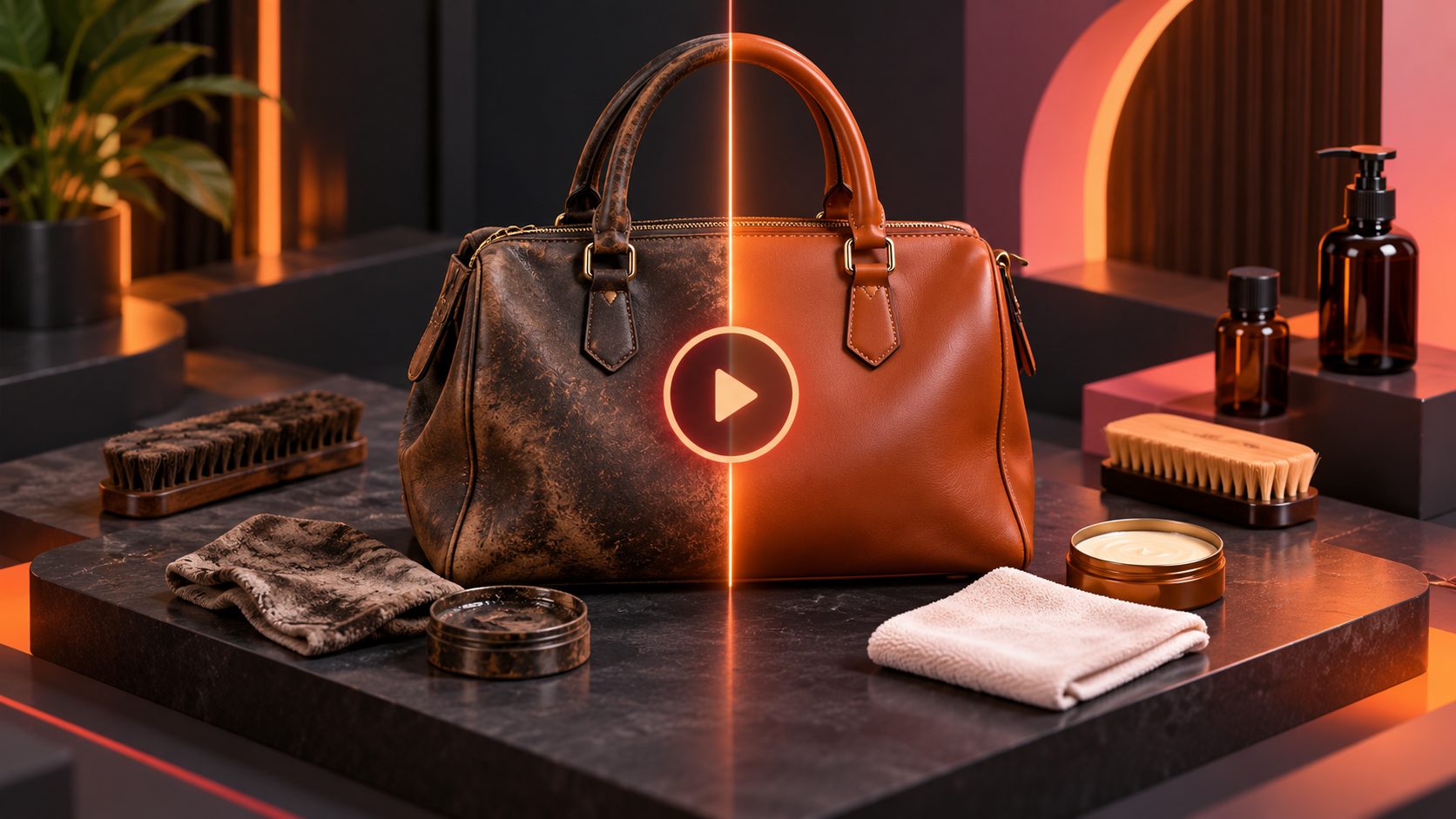 Vidéo publicitaire avant après entretien cuir maroquinerie