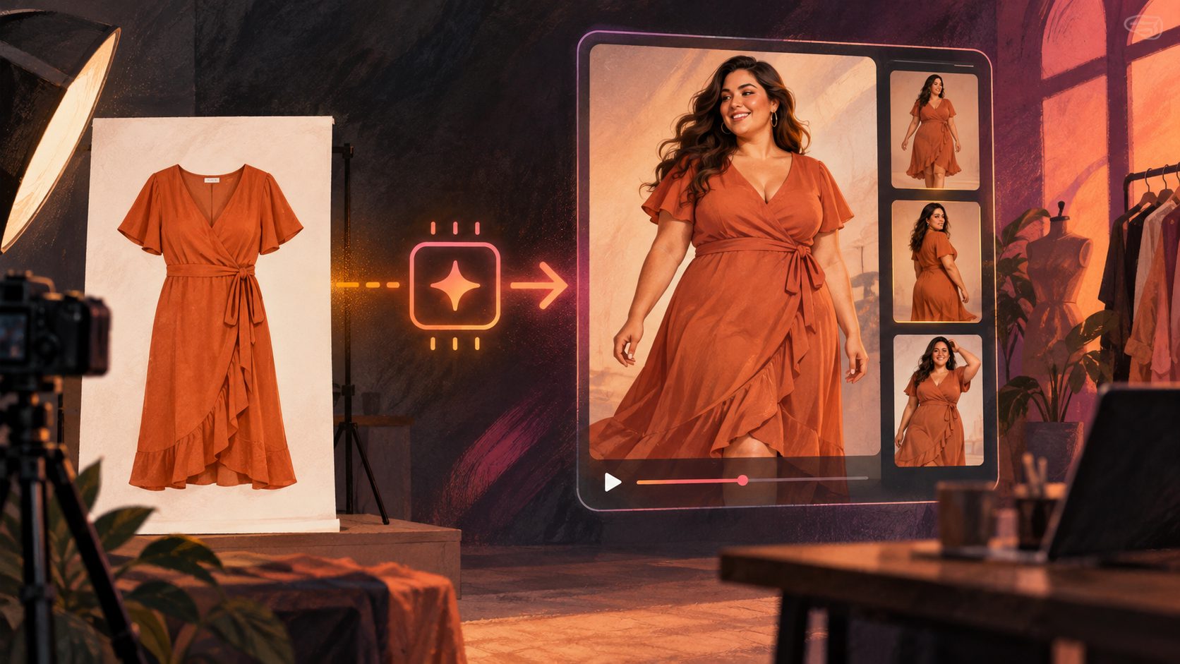 Gerar vídeo com modelo plus size IA a partir de uma foto de produto