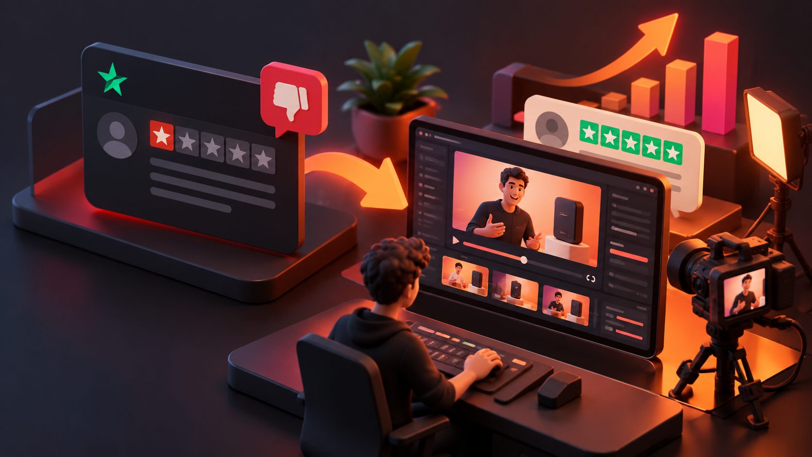 Criar vídeo de anúncio comparativo para responder avaliação negativa Trustpilot