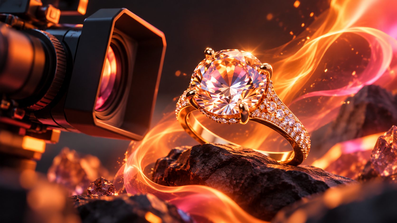 Schmuck Makro Video KI Feuer Brillanz: Luxusdetails realistisch zeigen