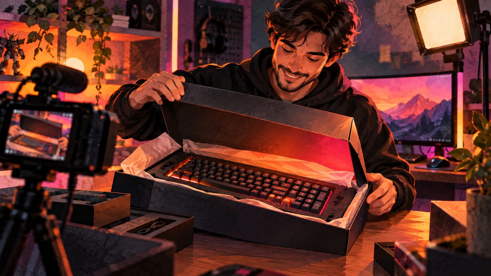 Crear video publicitario de unboxing para teclados mecánicos