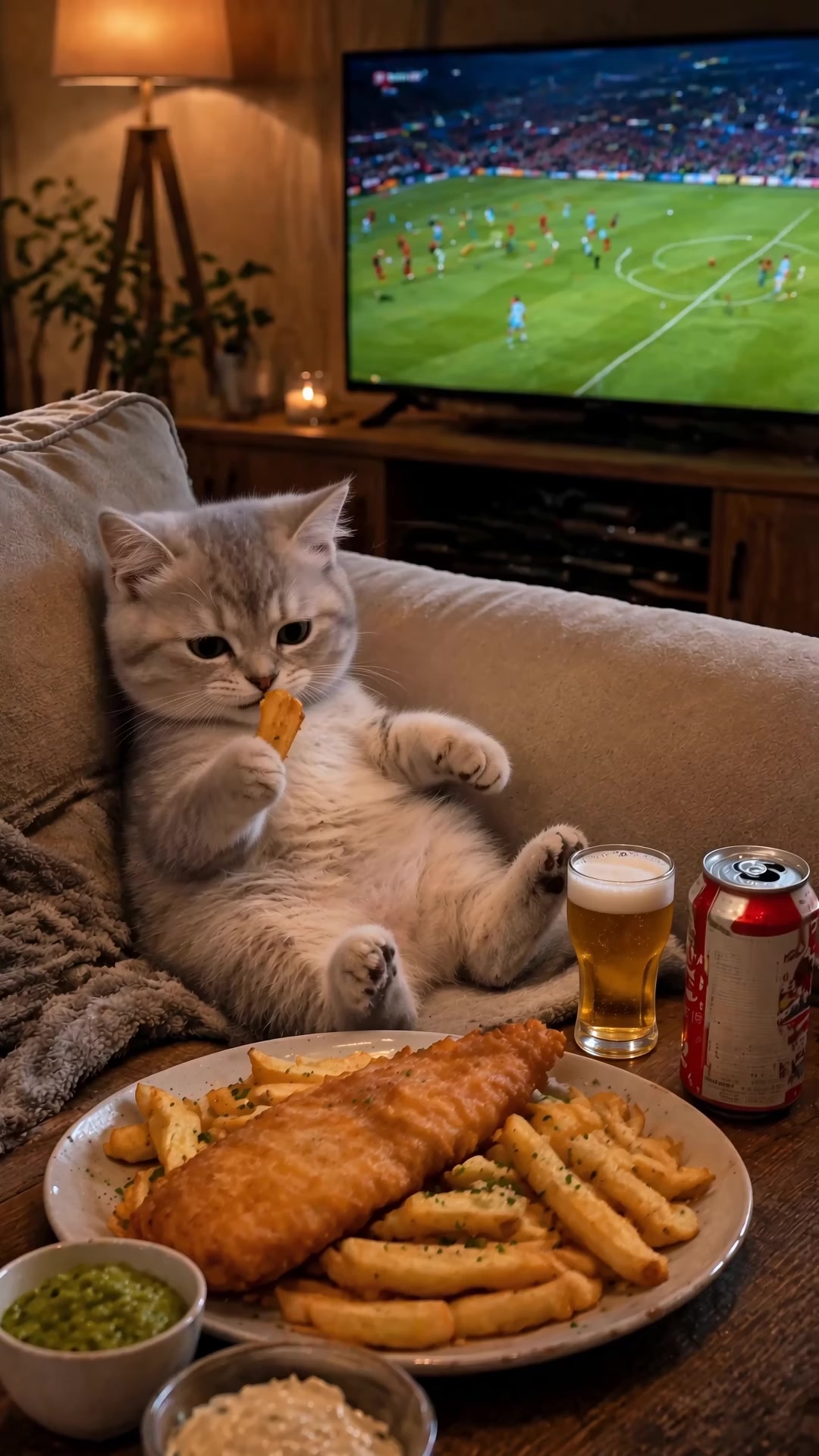 小猫深夜看球吃炸鱼薯条